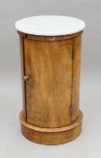 A Victorian marble-topped mahogany cylindrical pot cupboard. 74.5 cm high.