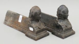 A pair of 19th century cast iron fire dogs fronted with the bust of Marie Antoinette. Each 16.
