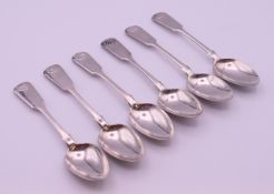 A set of six Victorian silver tea spoons. Each 14 cm long. 111.3 grammes.