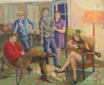 A mid-20th century oil on canvas, Figures and a Dog in an Interior with a Girl Playing a Guiter,