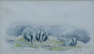 MAGGIE, Family of Badgers, Richmond Park, watercolours, signed and dated '88, framed and glazed.