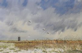 BUSH, E J, Swans in a Fen Sky, oil on canvas, signed and dated '86, framed. 49 x 75 cm.