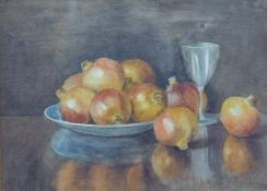 'Still Life of Pomegranates', watercolour, framed and glazed. 28.5 x 38 cm.