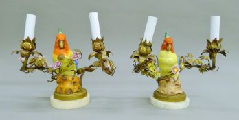A pair of porcelain parrot-form candlesticks with gilt metal mounts. Each 25 cm high overall.