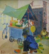 'African Market Scene', oil, initialled BD, framed. 60 x 55 cm.