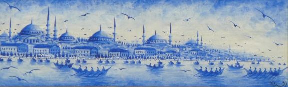 'Constantinople Skyline', watercolour, signed, the reverse pages of Ottoman Script,