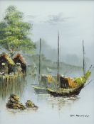 F SING, 'Junks', acrylic on board, signed, framed. 40 x 30.5 cm.