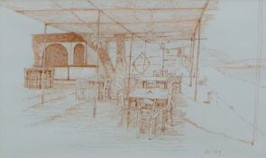 DAVID SCOTT, 'Beach Taverna', pen and ink, signed with initials and dated '89, framed and glazed.