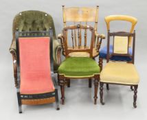 A Victorian stick-back armchair and two other Victorian chairs,