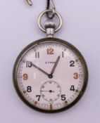 A World War I military CYMA pocket watch marked G.S.T.P T19758 to reverse and chain.