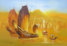 F SING, 'Junks before a City Skyline', acrylic on board, signed, framed. 57.5 x 84 cm.