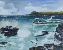 JAMES A GOLDSMITH, 'Cornish Coast St Ives', acrylic, signed, framed and glazed. 24 x 30 cm.