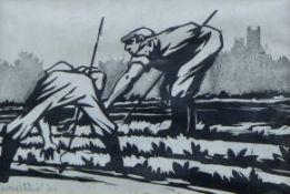 MICHAEL EDWARDS, 'Farmer before Cathedral', print, signed and dated 1978, framed and glazed.