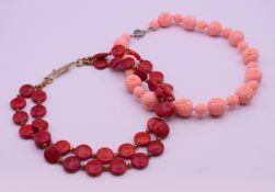 Two coral necklaces. Pink bead example 47 cm long.