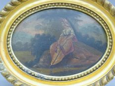 An 18th/19th century oil on metal panel of a female gardener housed in a gilt frame. 22.