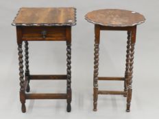 Two early 20th century oak barley twist side tables, one with a single drawer.