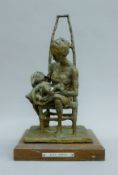 ALDO GRECO, abstract bronze of a mother and child mounted on a wooden plinth base. 31 cm high.