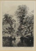 St Johns and The Backs, Cambridge, etching, framed and glazed. 24.5 x 17.5 cm.