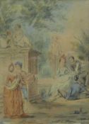 In the manner of JEAN-ANTOINE WATTEAU, a pair of fete champetre scenes, watercolours,