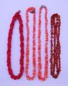 A quantity of coral necklaces etc. The longest necklace 80 cm long.