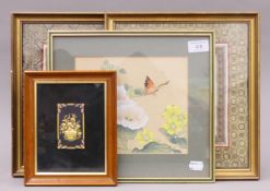 Two Chinese embroideries, a picture on silk and a framed plaque. The latter 21 x 17 cm overall.