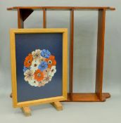 A stained pine hanging shelf and a tapestry fire screen. The former 87 cm wide and 101.5 cm high.