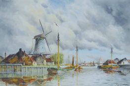 L VAN STAATEN, 'Dutch Harbour Scene', watercolour, signed, framed and glazed. 40.5 x 61 cm.