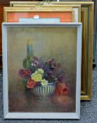 A quantity of paintings and prints, including two still life oils of flowers. The largest 54 x 43.
