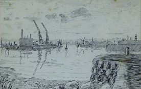 Two pen and ink drawings of 'The Entrance to Aberdeen Harbour' and 'Deeside Aberdeen',
