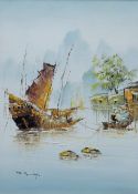 F SING, 'Junks', acrylic on board, signed, framed. 59.5 x 44 cm.