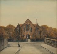 ENGLISH SCHOOL, a pair of late 19th century sand and watercolour pictures of 'Two Churches',