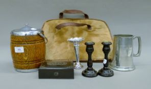 A quantity of miscellaneous items, including a handbag, a biscuit barrel,
