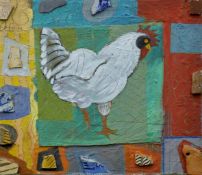 'This Chicken Died from Suicide', mixed media, signed Vicky Hawkin 90 to reverse. 48 x 55 cm.