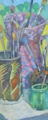 'Still Life of Brush Pots', oil on board, framed and glazed. 42 x 17 cm.