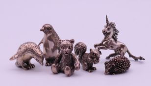 Six miniature silver animals. The unicorn 3.5 cm high. 105.4 grammes.