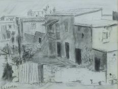 'Villa', charcoal, indistinctly signed and dated '76, framed and glazed. 37 x 48.5 cm.
