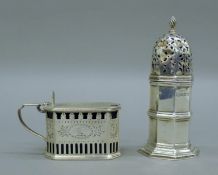 A silver mustard and a silver sugar sifter. The former 5.