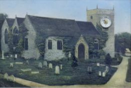 A 19th century oil on tin, 'Churchyard Scene' with inserted clock movement, framed. 42 x 62.5 cm.