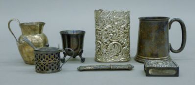 A quantity of small silver items, including a Christening mug, a cream jug, a mustard pot, etc.