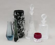 A small quantity of Art glass and two cut glass decanters. The largest 37 cm high.