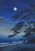 A Japanese print, 'A Moonlit Bay', framed and glazed. 29 x 20 cm.