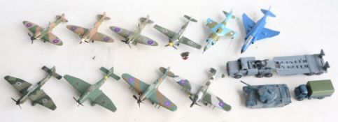 Collection of unboxed diecast aircraft models and vehicles from Dinky to include 2x Hurricanes, 3x