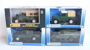 Four 1/18 scale diecast Land Rover models to include an Eagle Collectibles Series 3 109 Soft Top (