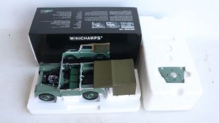 Mini Champs 1/18 scale diecast 1948 Land Rover car model (item no 150 168900, reg HUE 166) in at