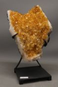 Large citrine geode specimen on contemporary black metal claw stand, comprised of one citrine