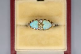 Hallmarked 18ct yellow gold opal and diamond boat-head ring, late Victorian, comprising two opposing