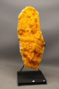 Very large citrine crystal matrix specimen panel on contemporary black metal stand, comprising one