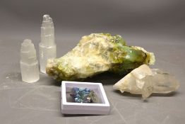 Mixed lot of crystal specimens, comprised of a large green calcite banded crystal formation