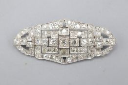 Unmarked, XRF tested as platinum, Art Deco diamond panel bar brooch, comprising an angular geometric