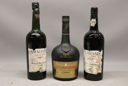 Port and cognac comprising pair of Grahams Malvedos Port, 2x 75ml btls, vintage 1965, bottled